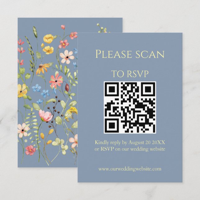 Simple Wildflower Blue QR Code & RSVP Wedding Enclosure Card (Front/Back)