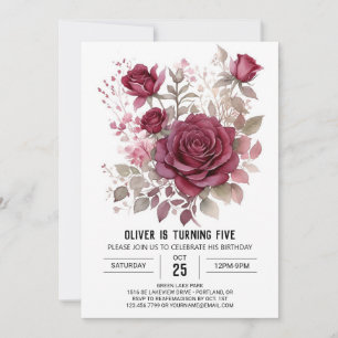 Simple Wildflower Burgundy Floral Birthday Invitation