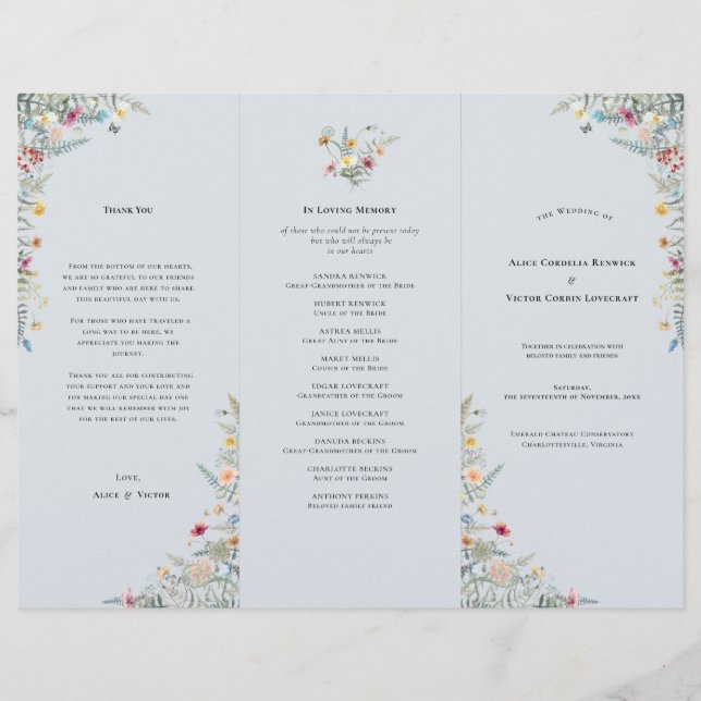 Simple Wildflower Dusty Blue Wedding Program Flyer (Front)