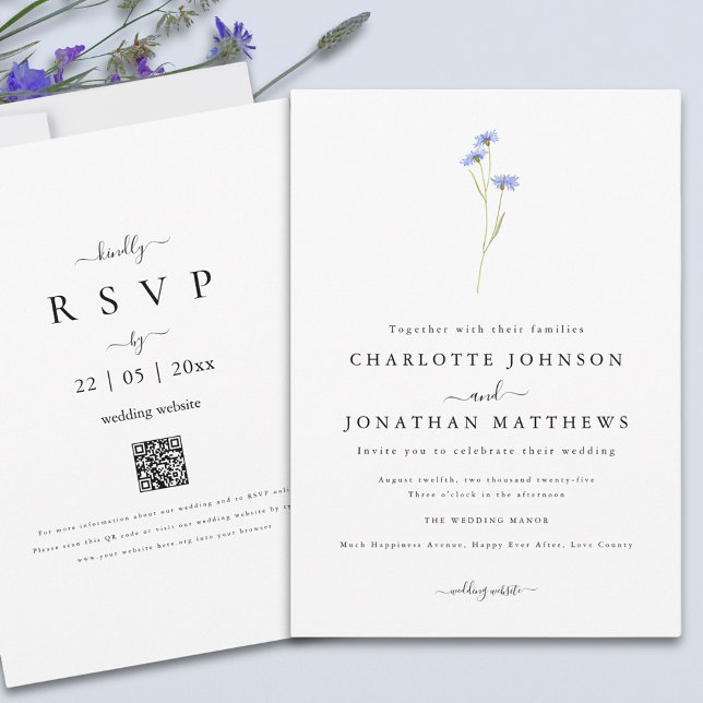 Simple Wildflower Elegant Script QR code Wedding Invitation (Minimalist wildflower elegant boho wedding qr code invitation )