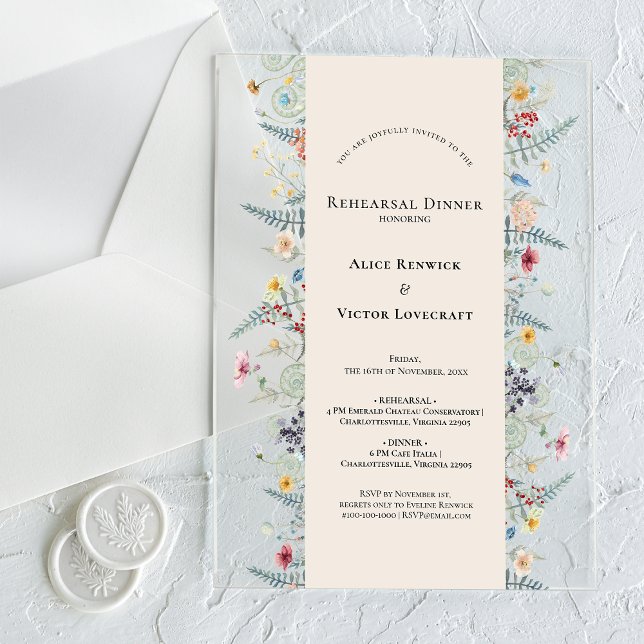 Simple Wildflower Fern Beige Rehearsal Dinner Acrylic Invitations (Creator Uploaded)