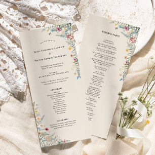 Simple Wildflower Fern Beige Wedding Flat Programme
