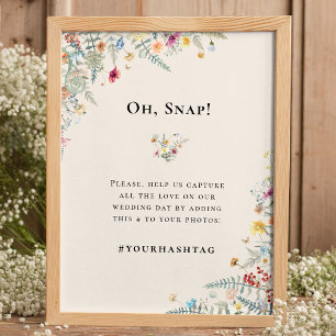 Simple Wildflower Fern Beige Wedding Hashtag Poster