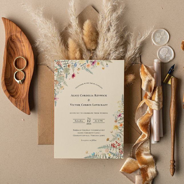 Simple Wildflower Fern Beige Wedding Invitation (Creator Uploaded)