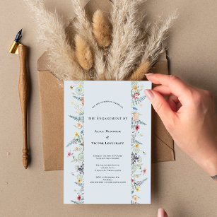 Simple Wildflower Fern Dusty Blue Engagement Party Invitation
