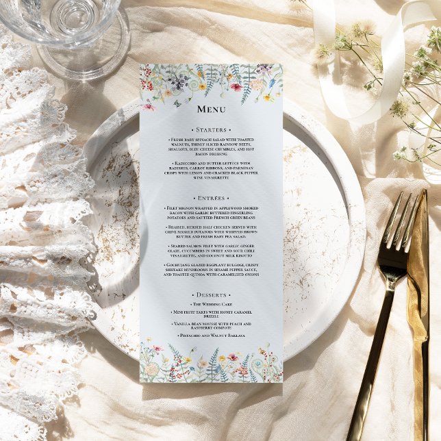 Simple Wildflower Fern Dusty Blue Wedding Flat Menu (Creator Uploaded)