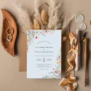 Simple Wildflower Fern Dusty Blue Wedding Invitation
