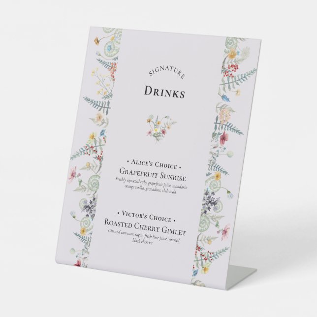 Simple Wildflower Fern Lavender Signature Drinks Pedestal Sign (Front)