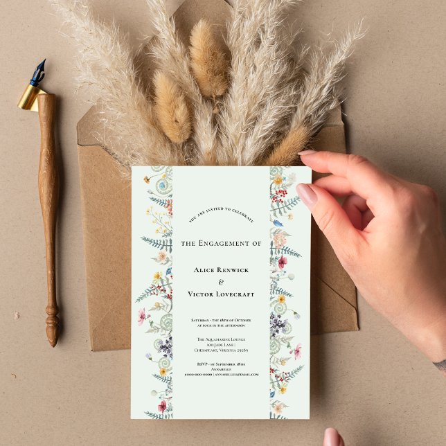 Simple Wildflower Fern Mint Green Engagement Party Invitation (Creator Uploaded)