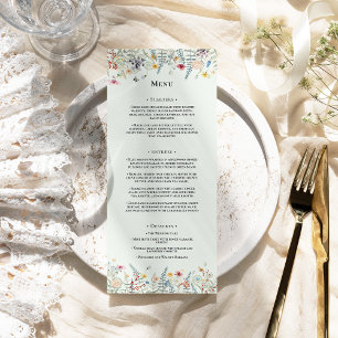 Simple Wildflower Fern Mint Green Wedding Flat Menu