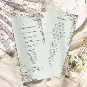 Simple Wildflower Fern Mint Green Wedding Flat Programme