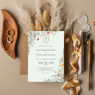Simple Wildflower Fern Mint Green Wedding Monogram Invitation