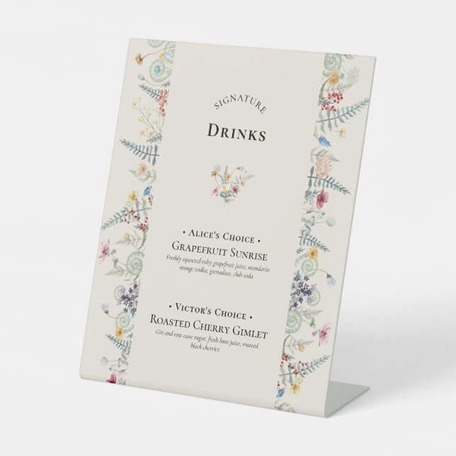 Simple Wildflower Fern Wedding Signature Drinks Pedestal Sign (Front)