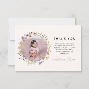 Simple Wildflower Floral Wreath Photo 1st Birthday Thank You Card