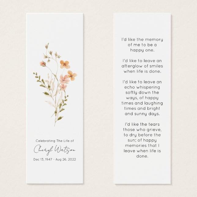 Simple Wildflower Funeral Memorial Bookmark (Front & Back)