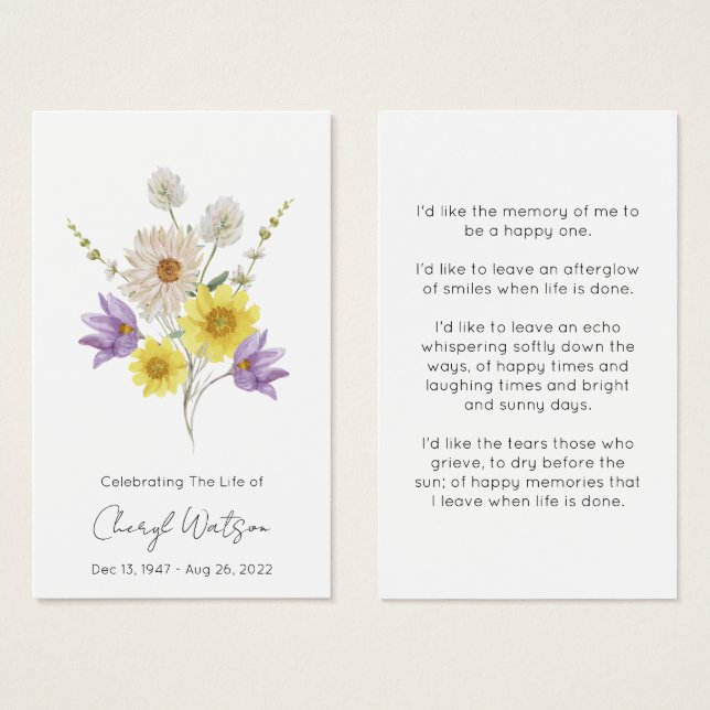 Simple Wildflower Funeral Memorial Prayer Card (Front & Back)