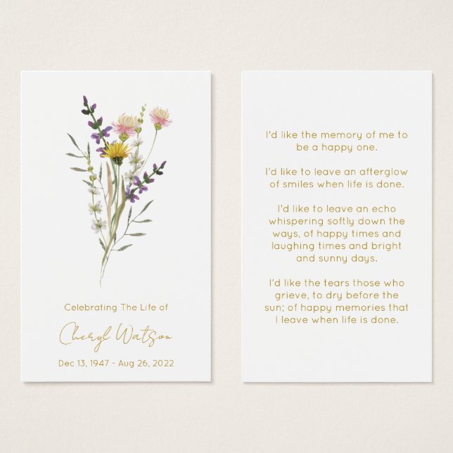 Simple Wildflower Funeral Memorial Prayer Card (Front & Back)
