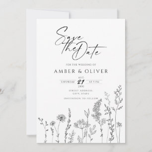Simple Wildflower Line Art Save The Date Invitation