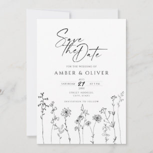 Simple Wildflower Lineart Save The Date Invitation