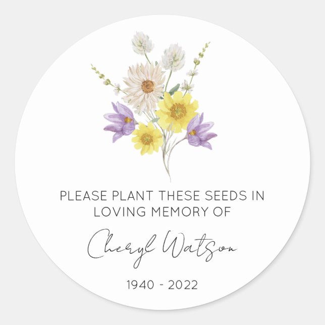 Simple Wildflower Memorial Seed Packet Classic Round Sticker (Front)