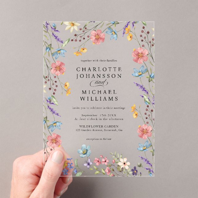 Simple Wildflower Modern Rustic Garden Wedding Acrylic Invitations (Insitu (Handheld))