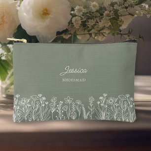 Simple Wildflower Sage Green Wedding Bridesmaid Accessory Pouch