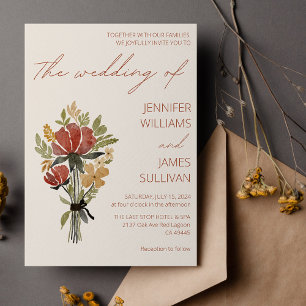Simple Wildflower Terracotta   Beige Wedding  Invitation
