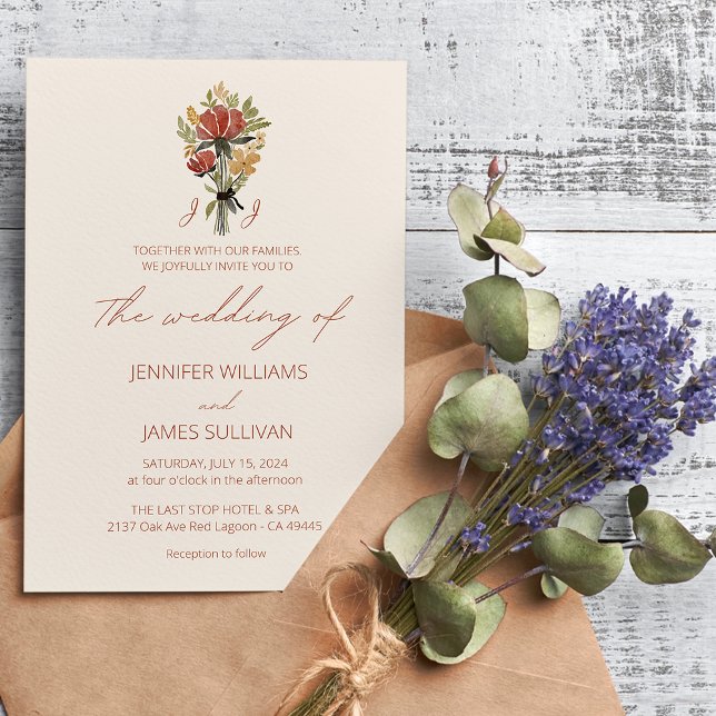 Simple Wildflower Terracotta Monogram Wedding  Invitation (Creator Uploaded)