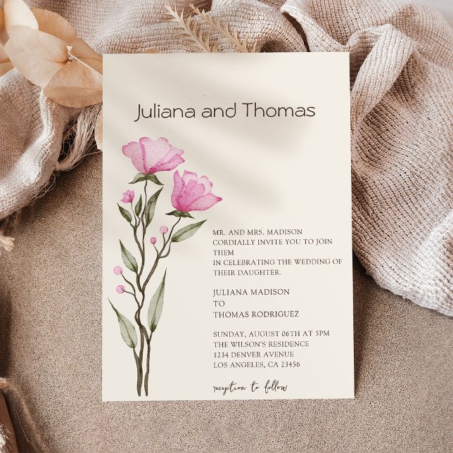 Simple Wildflower Watercolor Beige Wedding Invitation (Creator Uploaded)