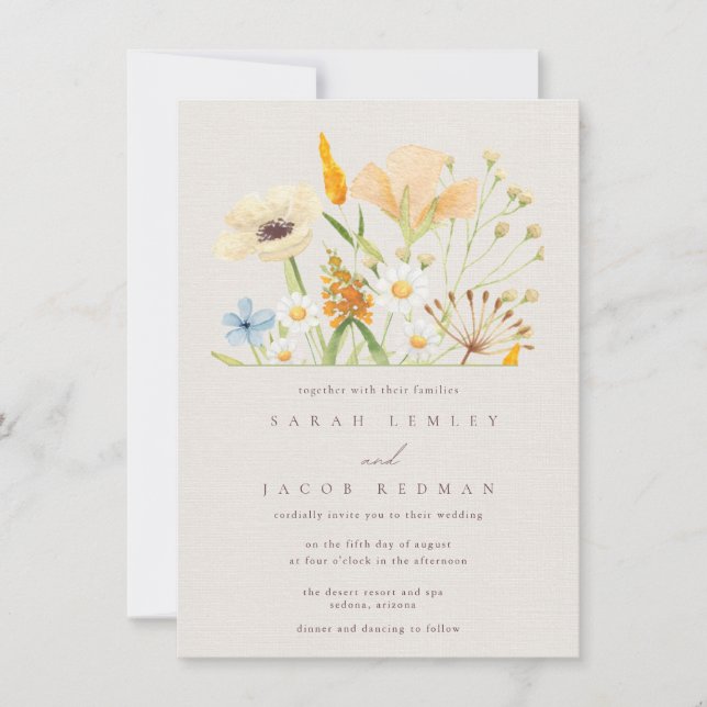 Simple Wildflowers Botanical Wedding  Invitation (Front)