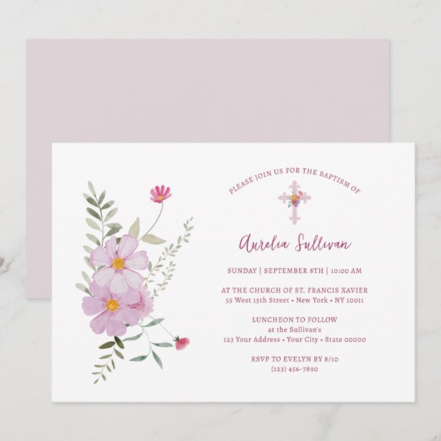 Simple Wildflowers Bouquet Baptism Invitation (Front/Back)