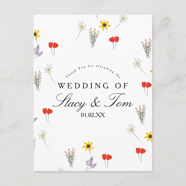 Simple Wildflowers Hand Drawn Wedding Thank You Postcard (Front)
