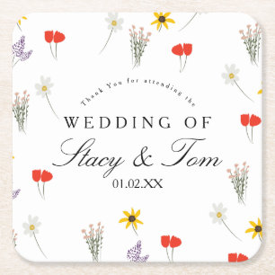 Simple Wildflowers Hand Drawn Wedding Thank You    Square Paper Coaster