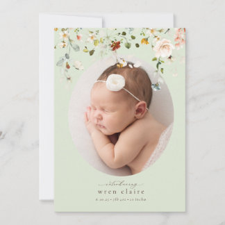Simple Wildflowers Mint Photo Birth Announcement