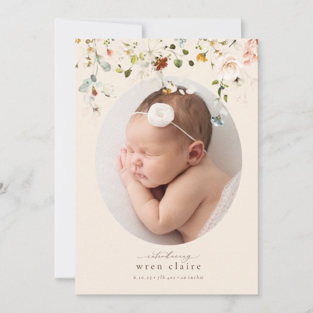 Simple Wildflowers Oval Photo Birth Announcement (Front)