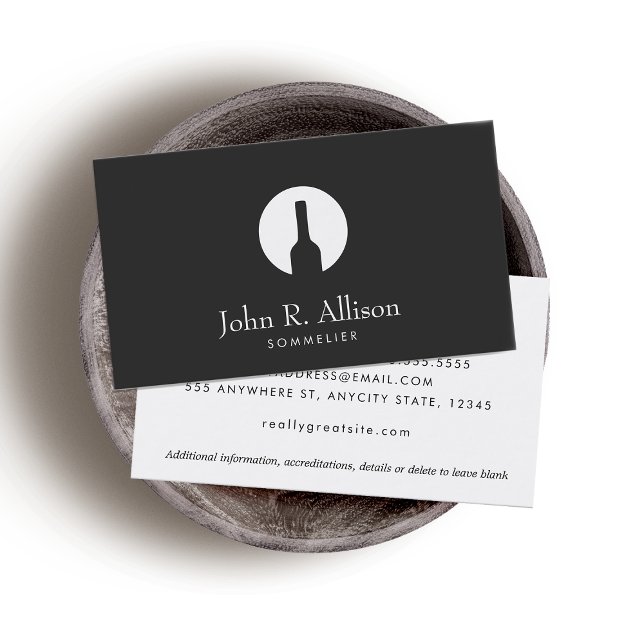 Simple Wine Bottle Logo Sommelier Black Business Card (Creator Uploaded)