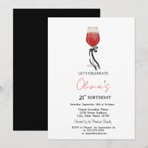 Simple Wine Glass Black Bow 21th Birthday Invitation