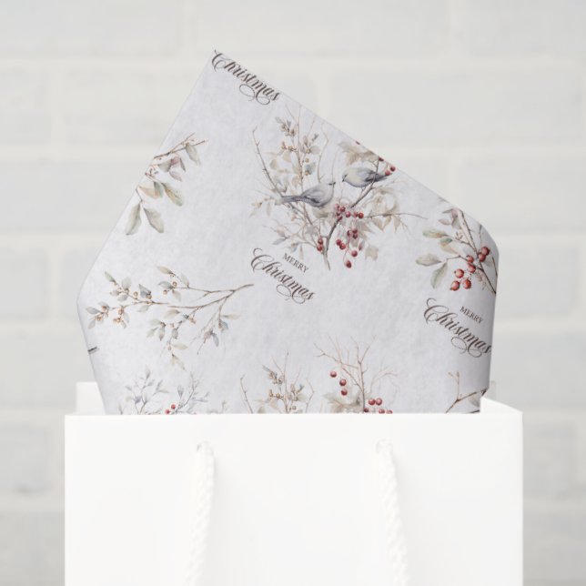 Simple Winter Birds Red Berries Christmas Tissue Paper (Gift Bag)