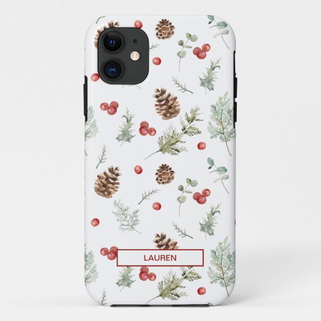 Simple Winter Pine Berry Botanical Name Pattern Case-Mate iPhone Case (Back)