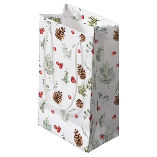 Simple Winter Pine Berry Watercolor Christmas Small Gift Bag (Front Angled)