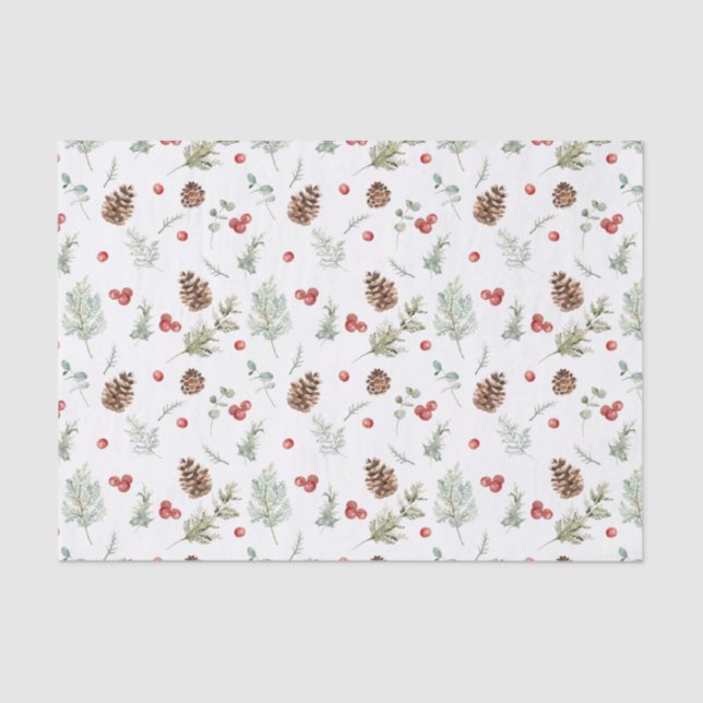 Simple Winter Pine Berry Watercolor Christmas Tissue Paper (Front)