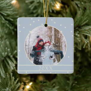 Simple Winter Snow Photo Keepsake Blue Christmas Ceramic Ornament