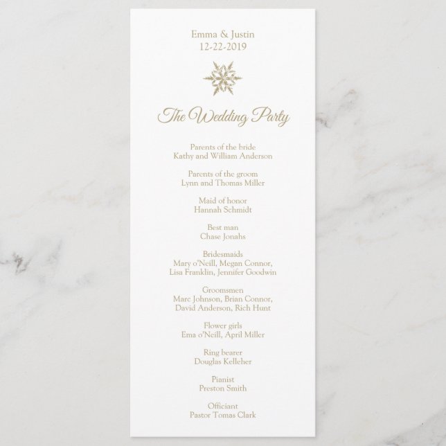 Simple Winter Wedding Gold Snowflake Christmas Programme (Front)
