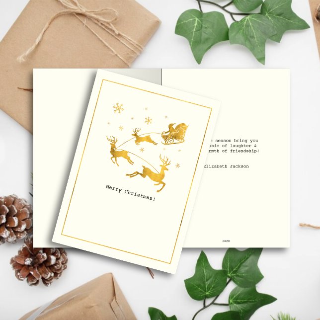 Simple Wishes • Minimalist Gold Santa Sleigh Holiday Card (Creator Uploaded)