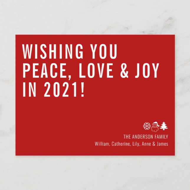 Simple Wishing You Peace Love Joy 2021 New Year Holiday Postcard (Front)