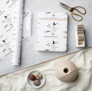 Simple Witch And Bats Line Art Happy Halloween Wrapping Paper