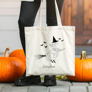 Simple Witch And Name With Bats Line Art Halloween Tote Bag