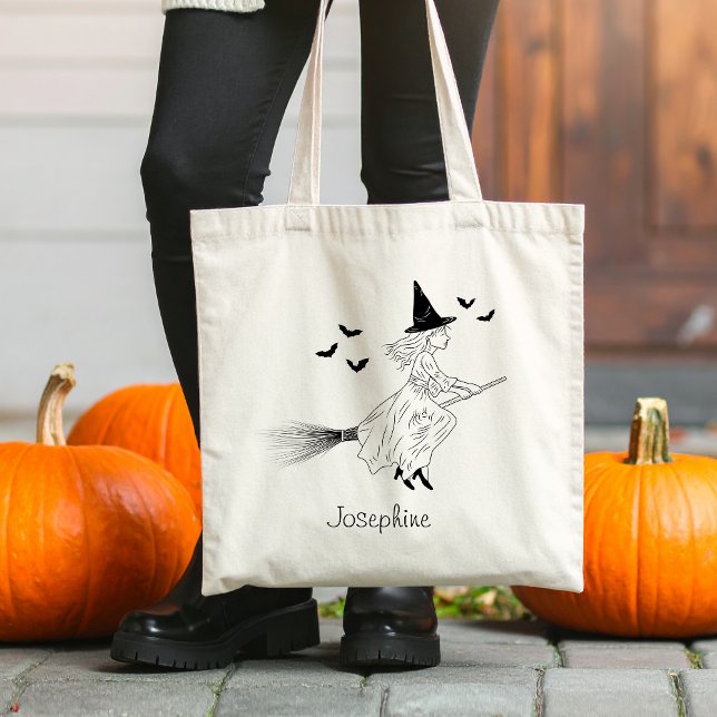 Simple Witch And Name With Bats Line Art Halloween Tote Bag (Disclaimer: This image is a digital mockup.)