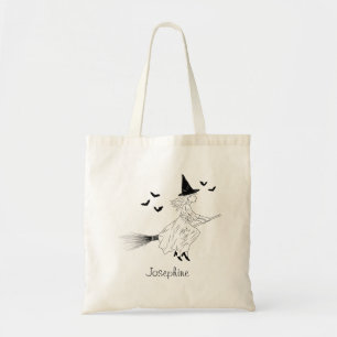 Simple Witch And Name With Bats Line Art Halloween Tote Bag