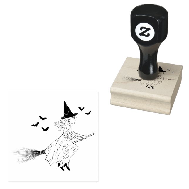 Simple Witch Girl With Bats On A Broom Halloween Rubber Stamp (Stamped)